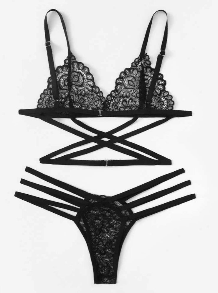 Floral Lace Criss Cross Lingerie Set