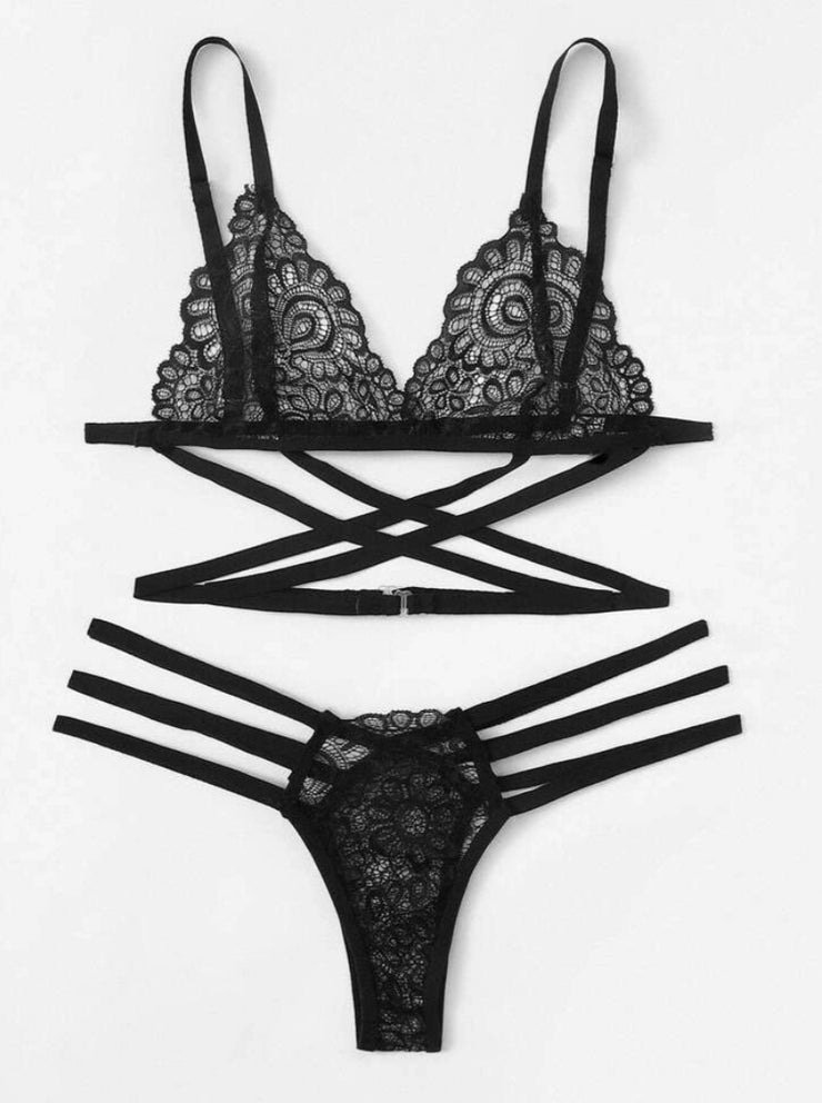 Floral Lace Criss Cross Lingerie Set